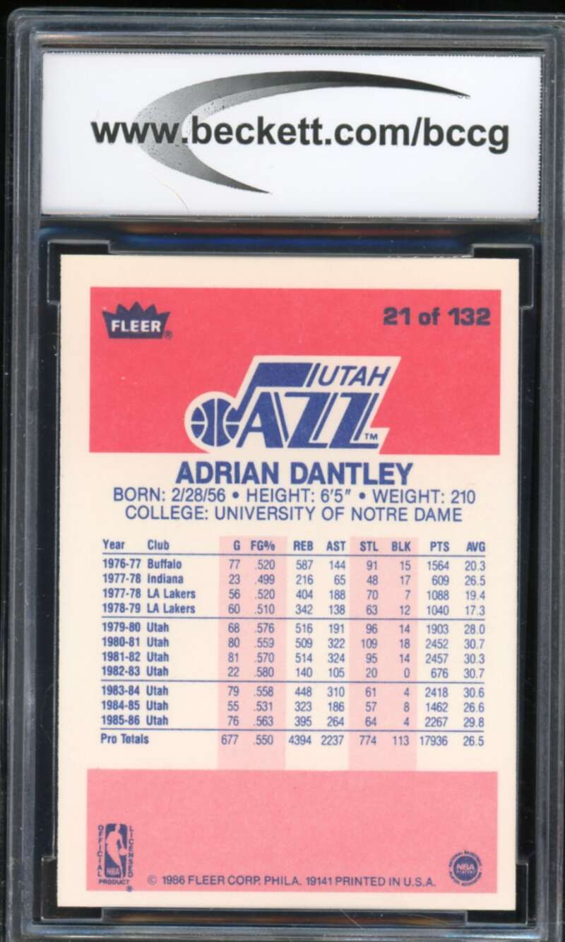 1986-87 Fleer #21 Adrian Dantley Card BGS BCCG 10 Mint+ Image 2