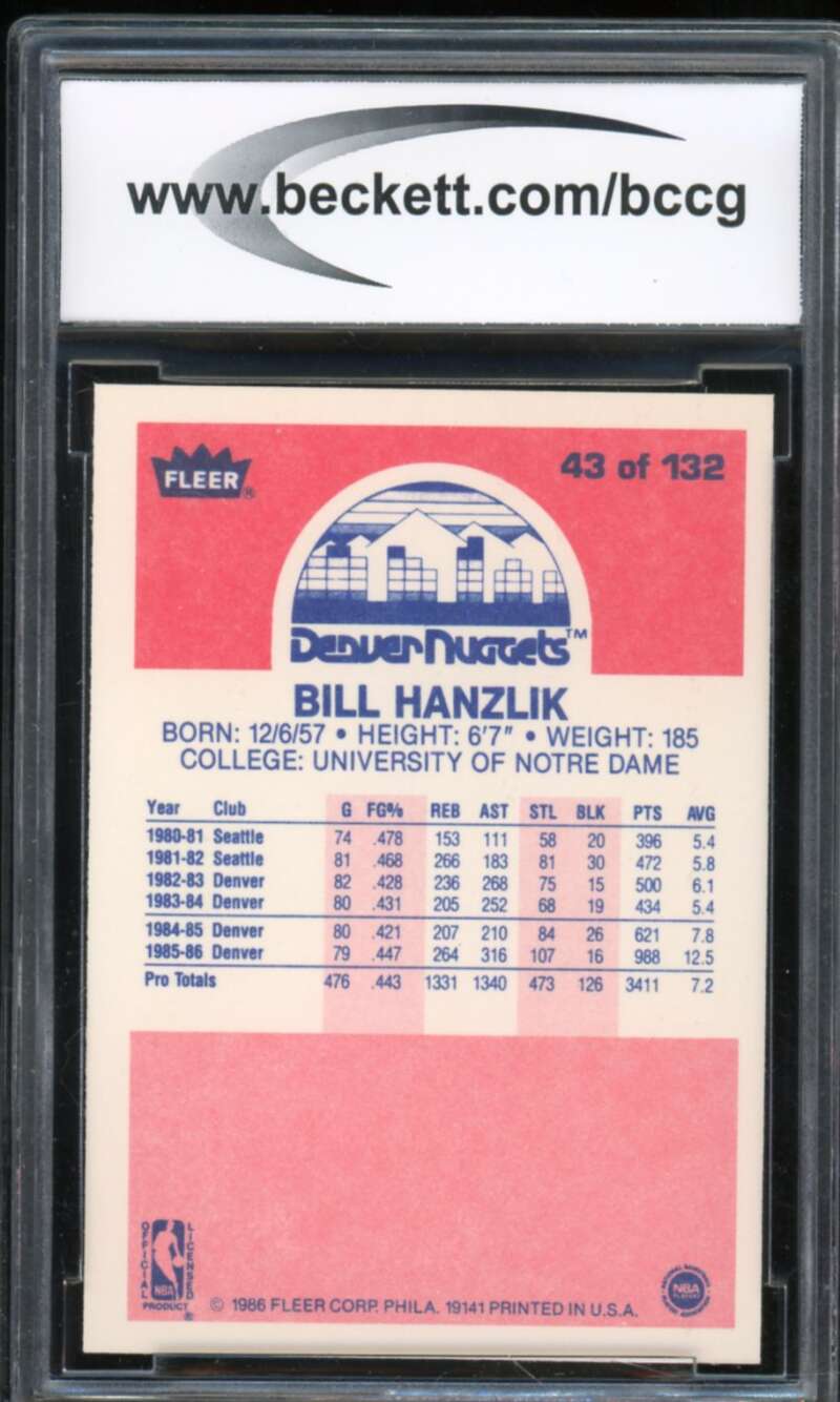 1986-87 Fleer #43 Bill Hanzlik Card BGS BCCG 10 Mint+ Image 2