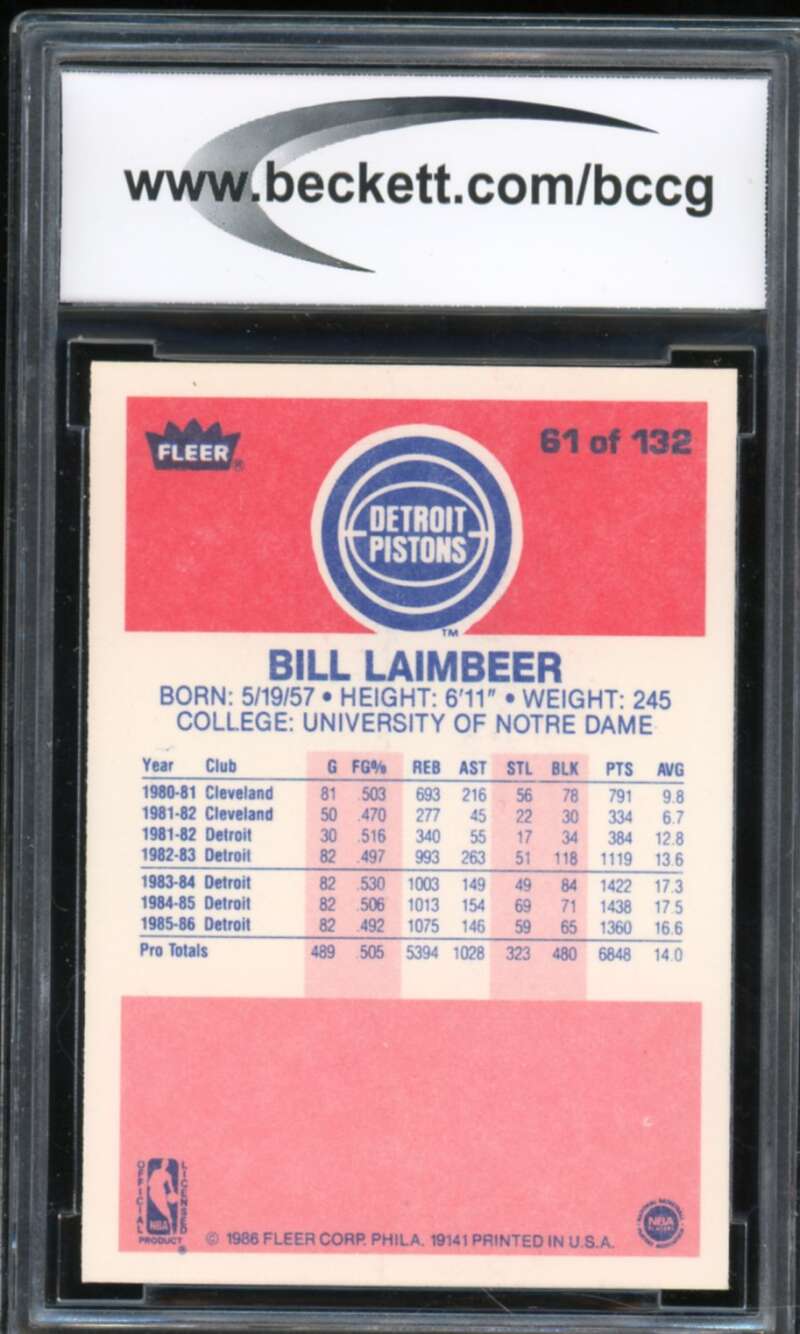 1986-87 Fleer #61 Bill Laimbeer Card BGS BCCG 10 Mint+ Image 2