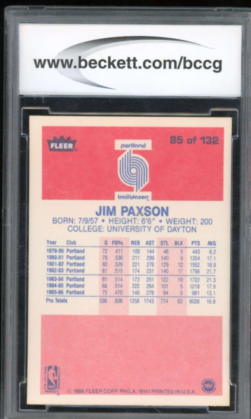 1986-87 Fleer #85 Jim Paxson Card bgs bccg 10 Mint+ Image 2