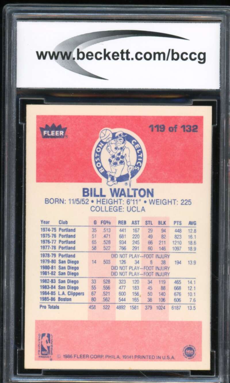 1986-87 Fleer #119 Bill Walton Card BGS BCCG 9 Near Mint+ Image 2