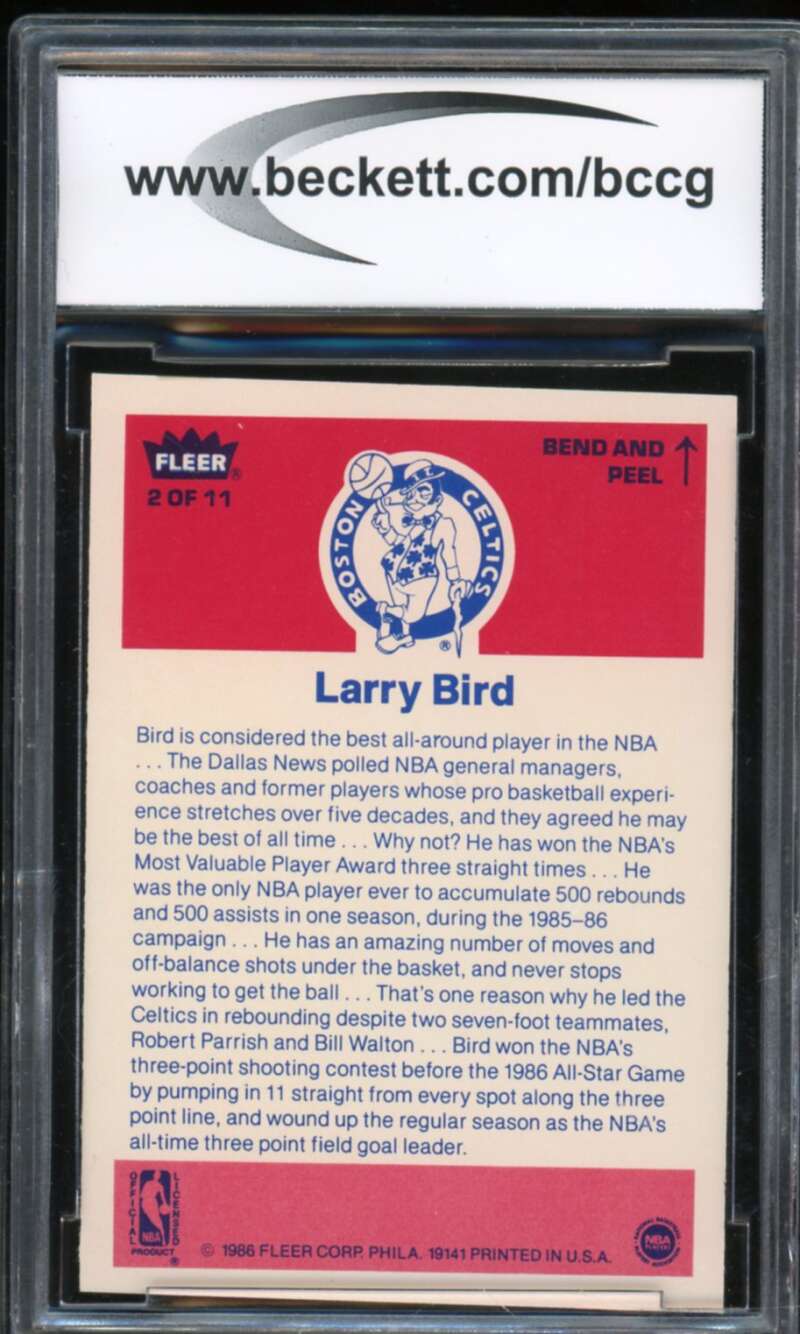 1986-87 Fleer Stickers #2 Larry Bird Card BGS BCCG 9 Near Mint+ Image 2