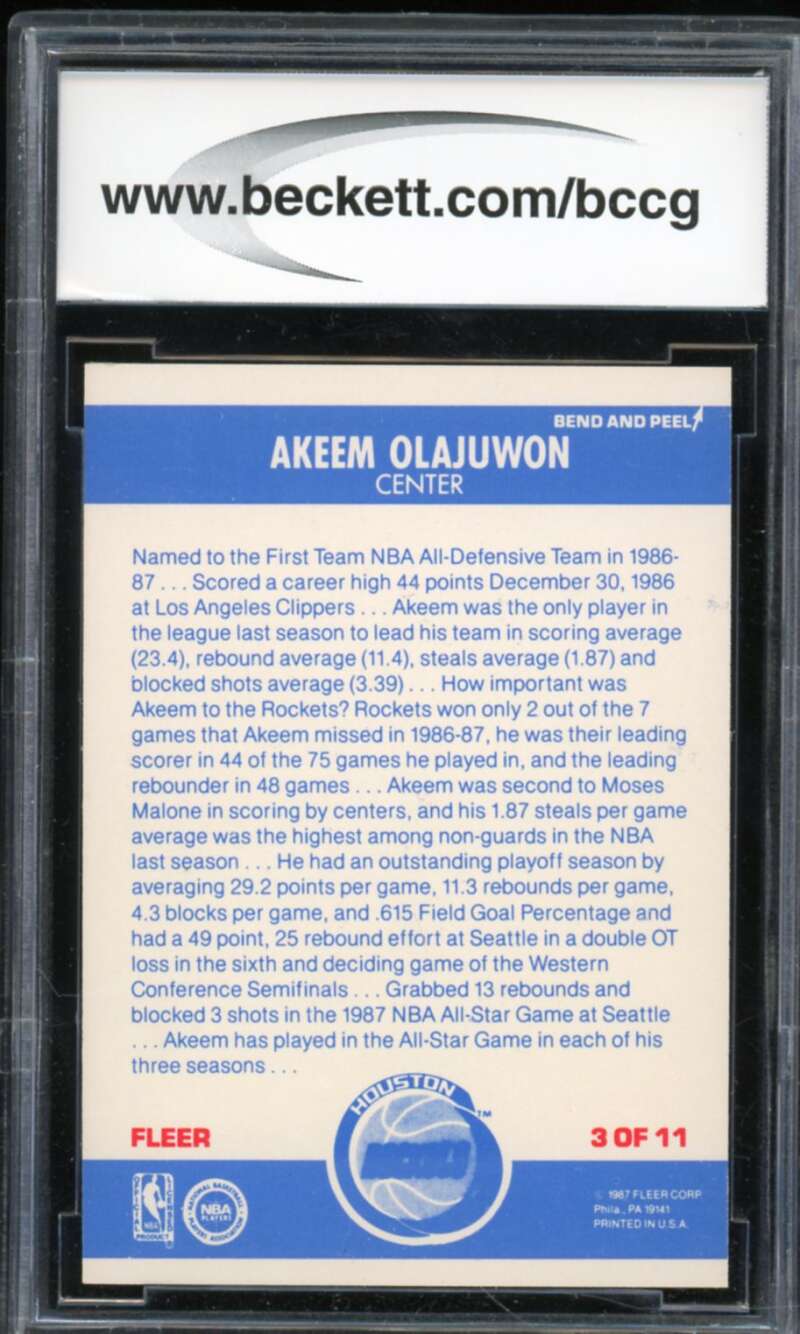 1987-88 Fleer Stickers #3 Hakeem Olajuwon Card BGS BCCG 10 Mint+ Image 2