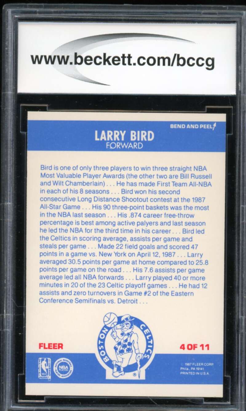 1987-88 Fleer Stickers #4 Larry Bird Card BGS BCCG 10 Mint+ Image 2