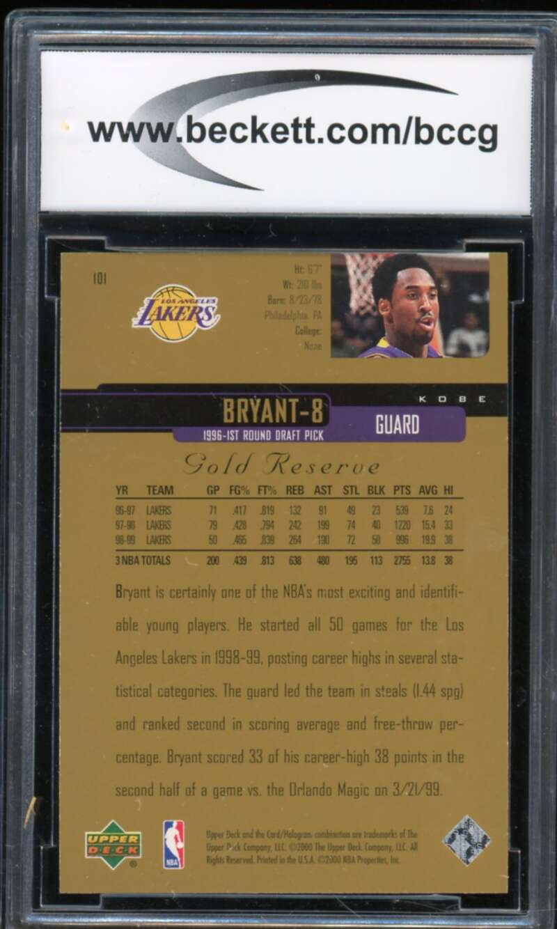 1999-00 Upper Deck Gold Reserve #101 Kobe Bryant Card BGS BCCG 10 Mint+ Image 2