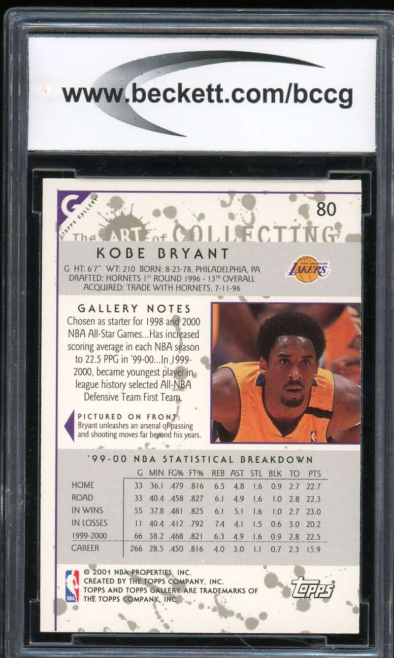 2000-01 Topps Gallery #80 Kobe Bryant Card BGS BCCG 10 Mint+ Image 2