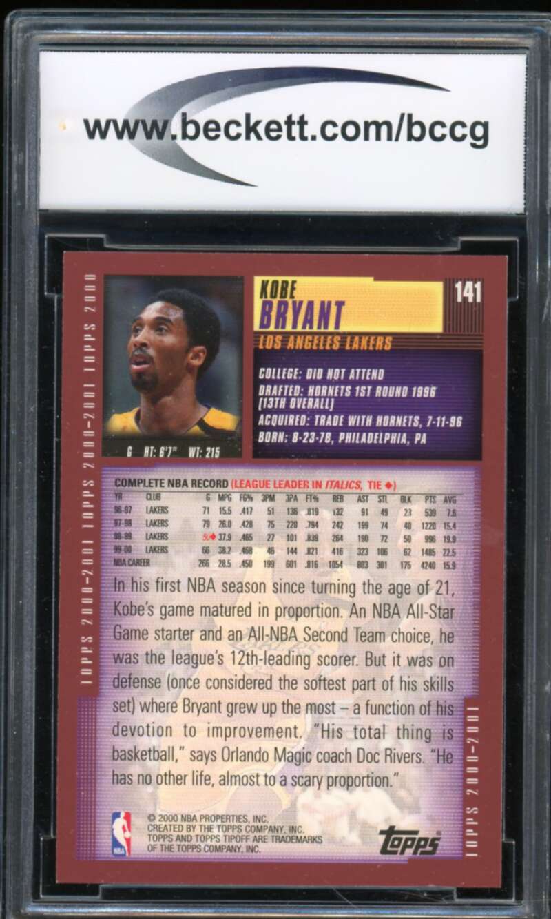 2000-01 Topps Tip-Off #141 Kobe Bryant Card BGS BCCG 10 Mint+ Image 2