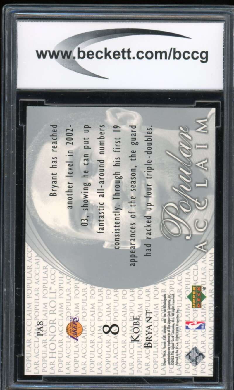 2002-03 Upper Deck Honor Roll Popular Acclaim #PA8 Kobe Bryant BGS BCCG 10 Mint+ Image 2