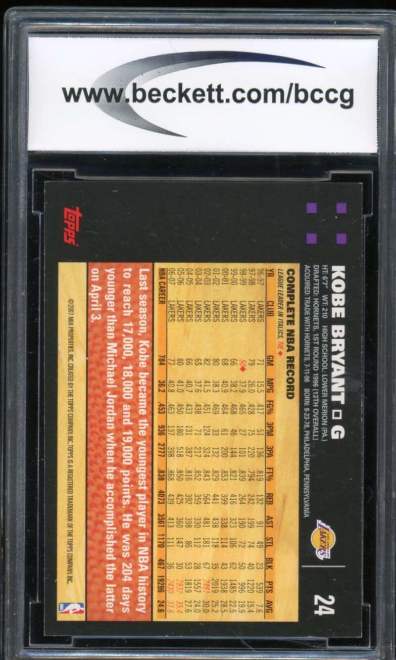 2007-08 Topps #24 Kobe Bryant Card BGS BCCG 10 Mint+ Image 2