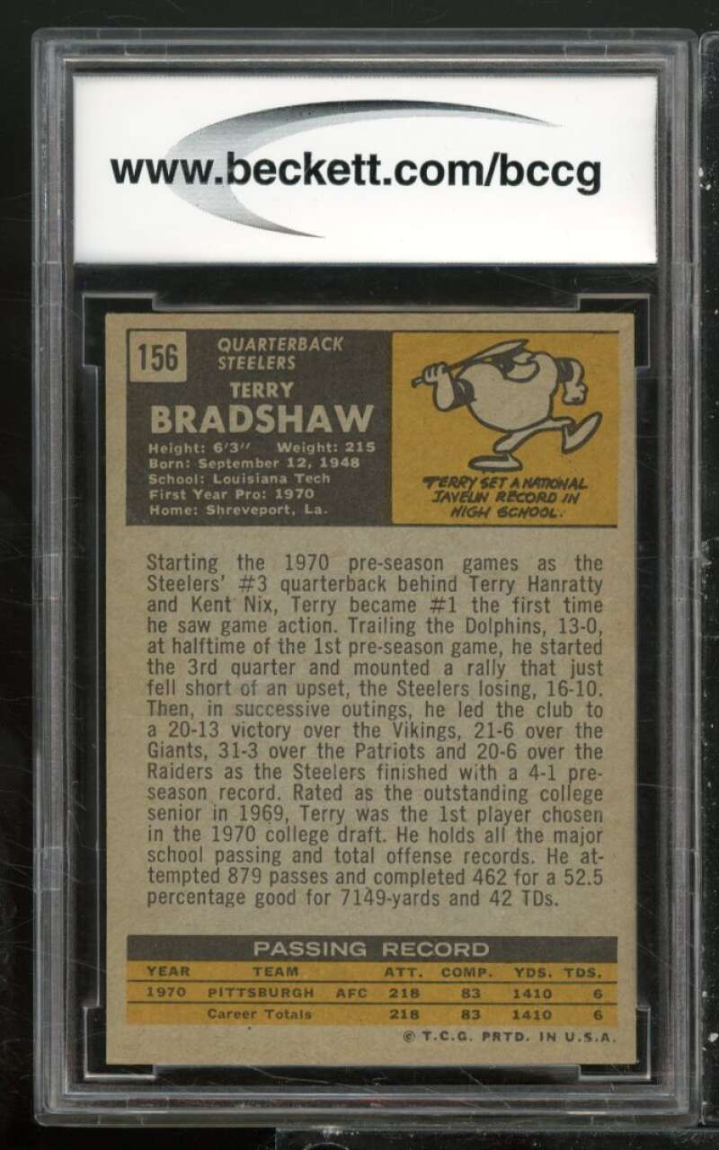 1971 Topps #156 Terry Bradshaw Rookie Card BGS BCCG 9 Near Mint+ Image 2