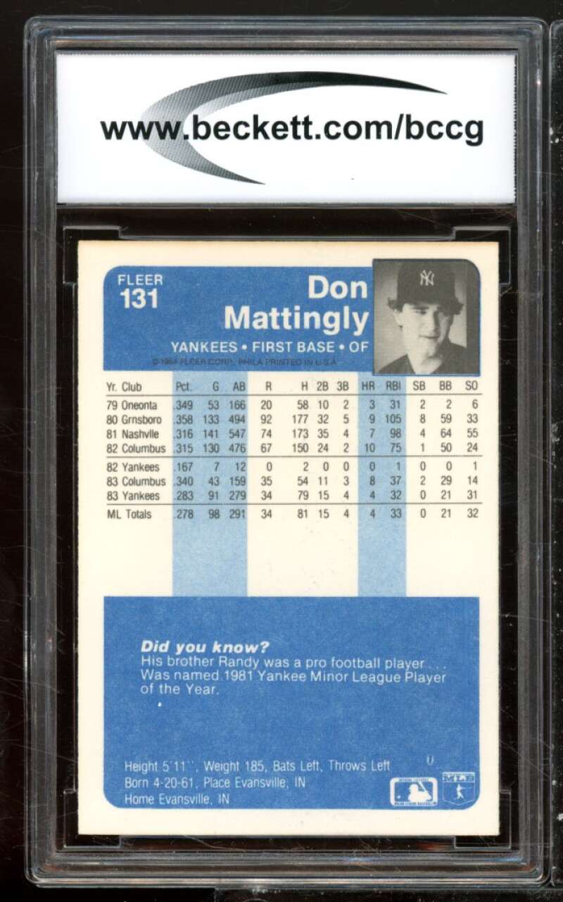 1984 Fleer #131 Don Mattingly Rookie Card BGS BCCG 9 Near Mint+ Image 2