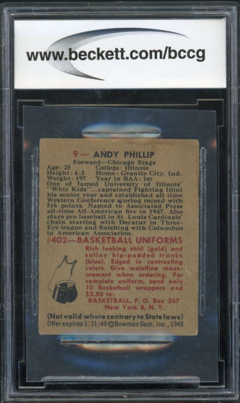 1948 Bowman #9 Andy Phillip Rookie Card BGS BCCG 7 Very Good+ Image 2