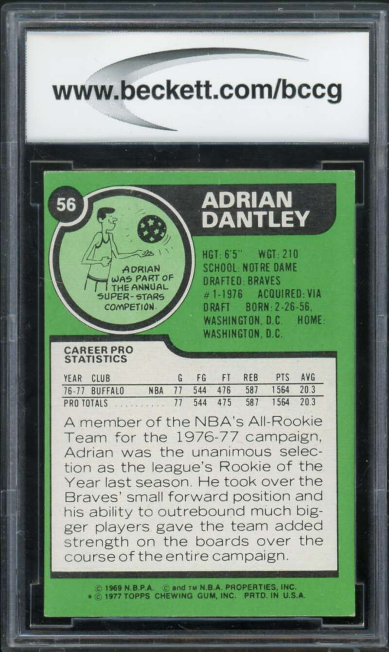 1977-78 Topps #56 Adrian Dantley Rookie Card BGS BCCG 9 Near Mint+ Image 2