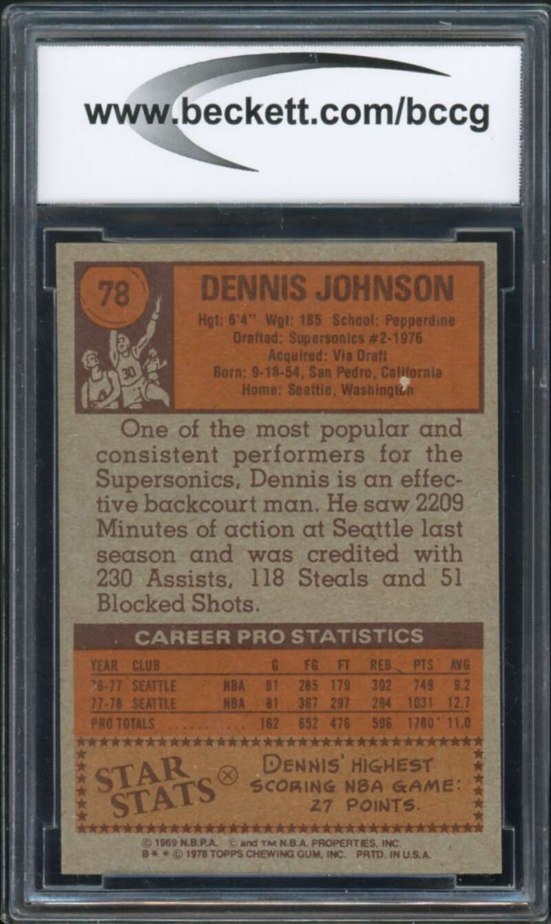 1978-79 Topps #78 Dennis Johnson Rookie Card BGS BCCG 8 Excellent+ Image 2