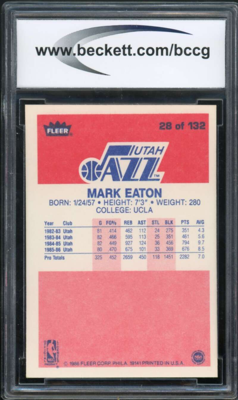 1986-87 Fleer #28 Mark Eaton Card Rookie BGS BCCG 9 Near Mint+ Image 2