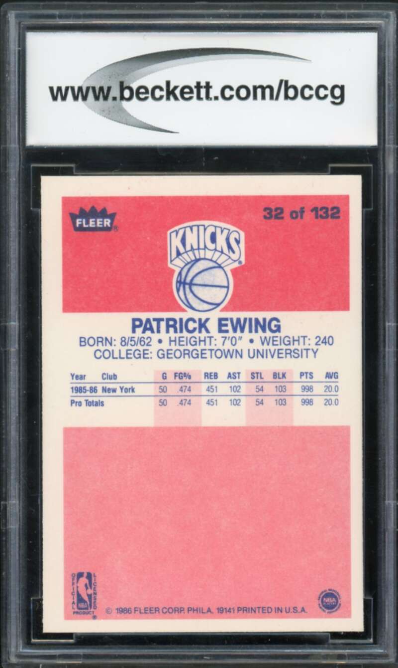 1986-87 Fleer #32 Patrick Ewing Rookie Card BGS BCCG 9 Near Mint+ Image 2