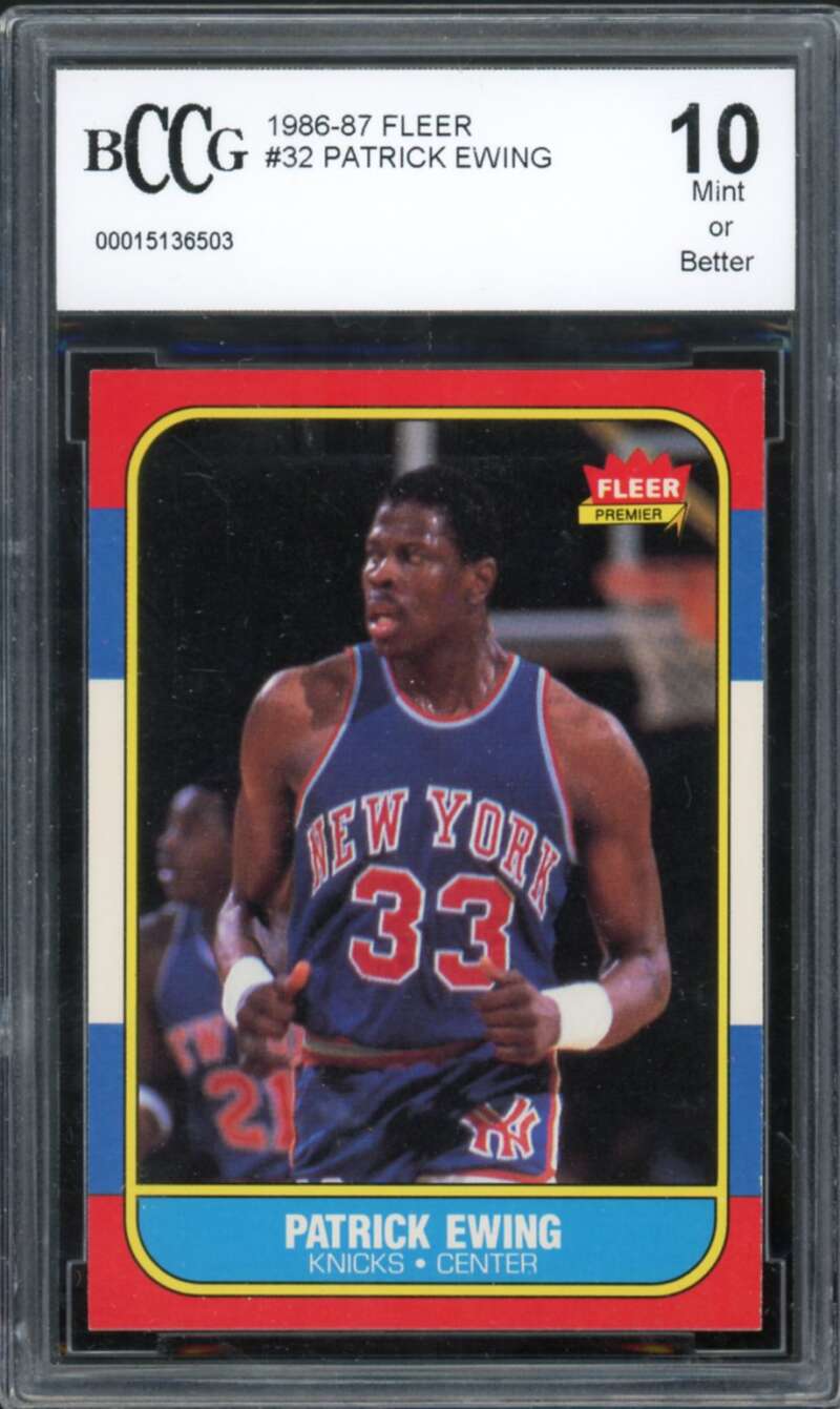 1986-87 Fleer #32 Patrick Ewing Rookie Card BGS BCCG 10 Mint+ Image 1