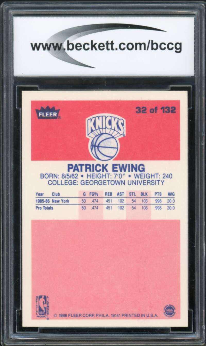 1986-87 Fleer #32 Patrick Ewing Rookie Card BGS BCCG 10 Mint+ Image 2