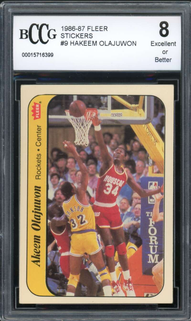 1986-87 Fleer Stickers #9 akeem Olajuwon Rookie Card BGS BCCG 8 Excellent+ Image 1