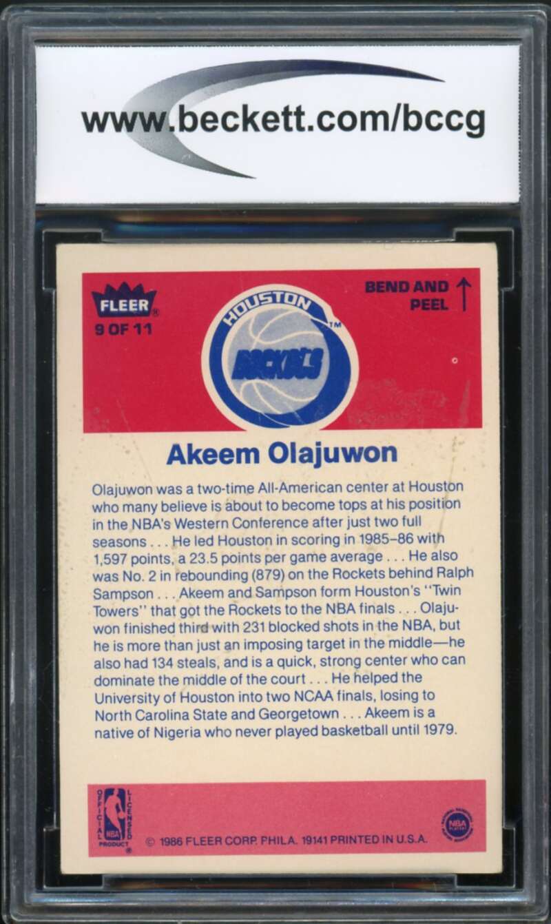 1986-87 Fleer Stickers #9 akeem Olajuwon Rookie Card BGS BCCG 8 Excellent+ Image 2