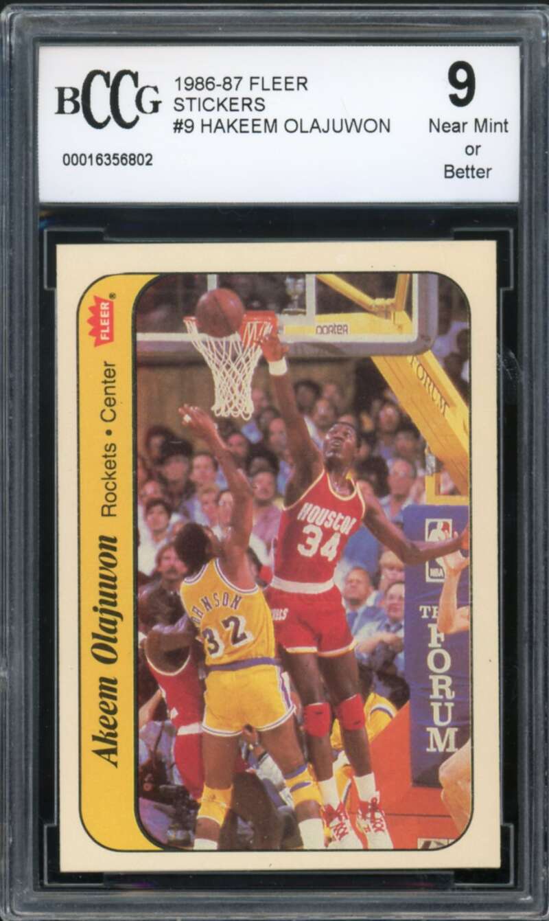 1986-87 Fleer Stickers #9 Akeem Olajuwon Rookie Card BGS BCCG 9 Near Mint+ Image 1