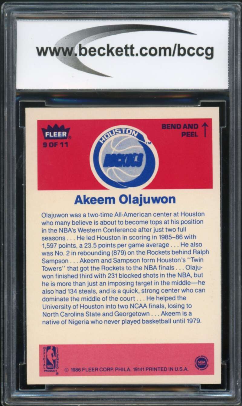 1986-87 Fleer Stickers #9 Akeem Olajuwon Rookie Card BGS BCCG 9 Near Mint+ Image 2