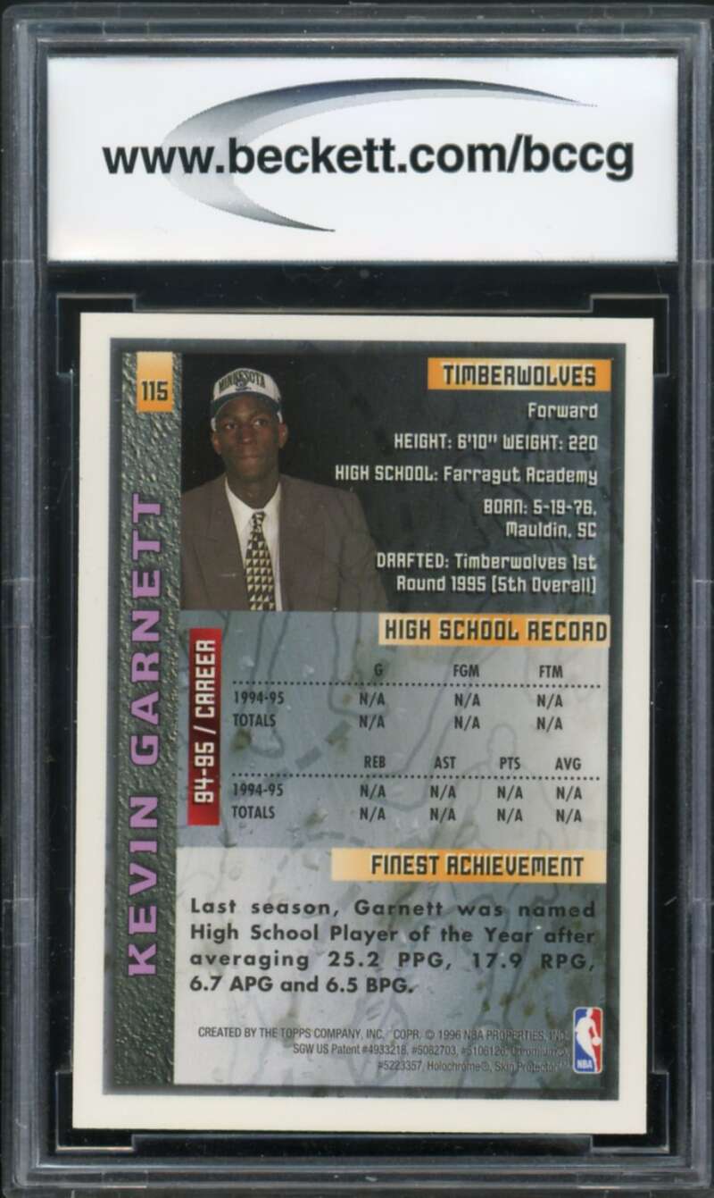 1995-96 Finest #115 Kevin Garnett Rookie Card BGS BCCG 9 Near Mint+ Image 2