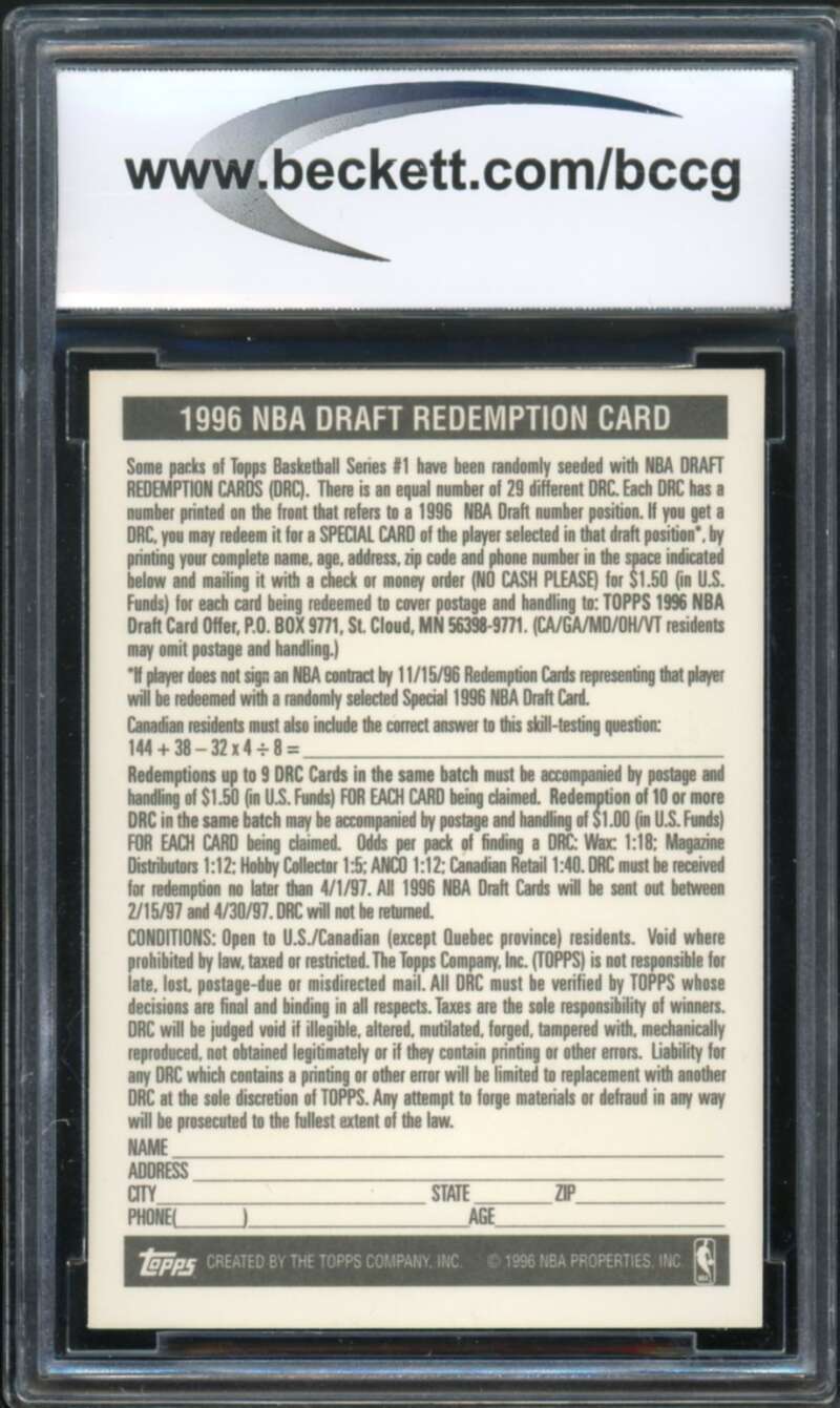 1996-97 Topps Draft Unredeemed Redemption #13 Kobe Bryant Rookie BGS BCCG 9 NM+ Image 2