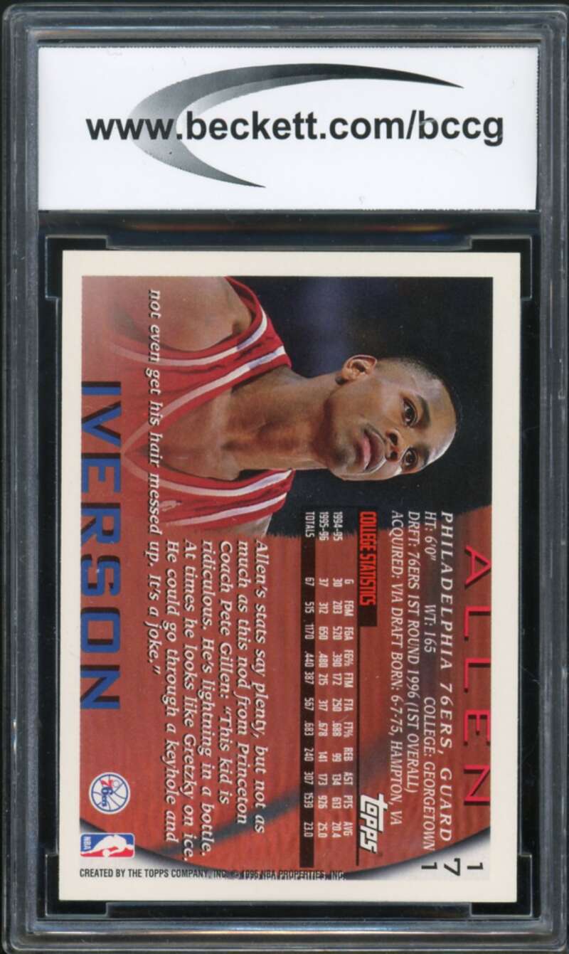 1996-97 Topps NBA At 50 #171 Allen Iverson Rookie Card BGS BCCG 9 Near Mint+ Image 2