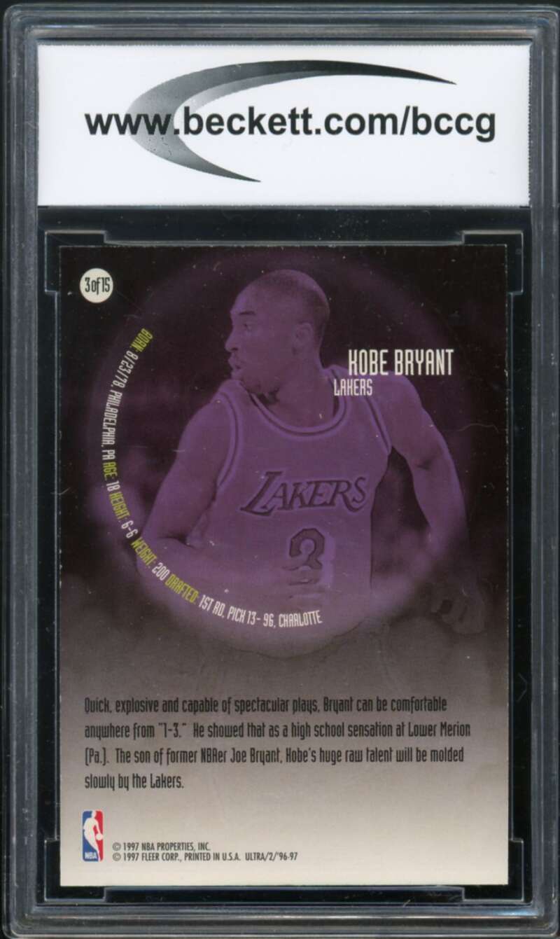 1996-97 Ultra All-Rookies #3 Kobe Bryant Rookie Card BGS BCCG 10 Mint+ Image 2