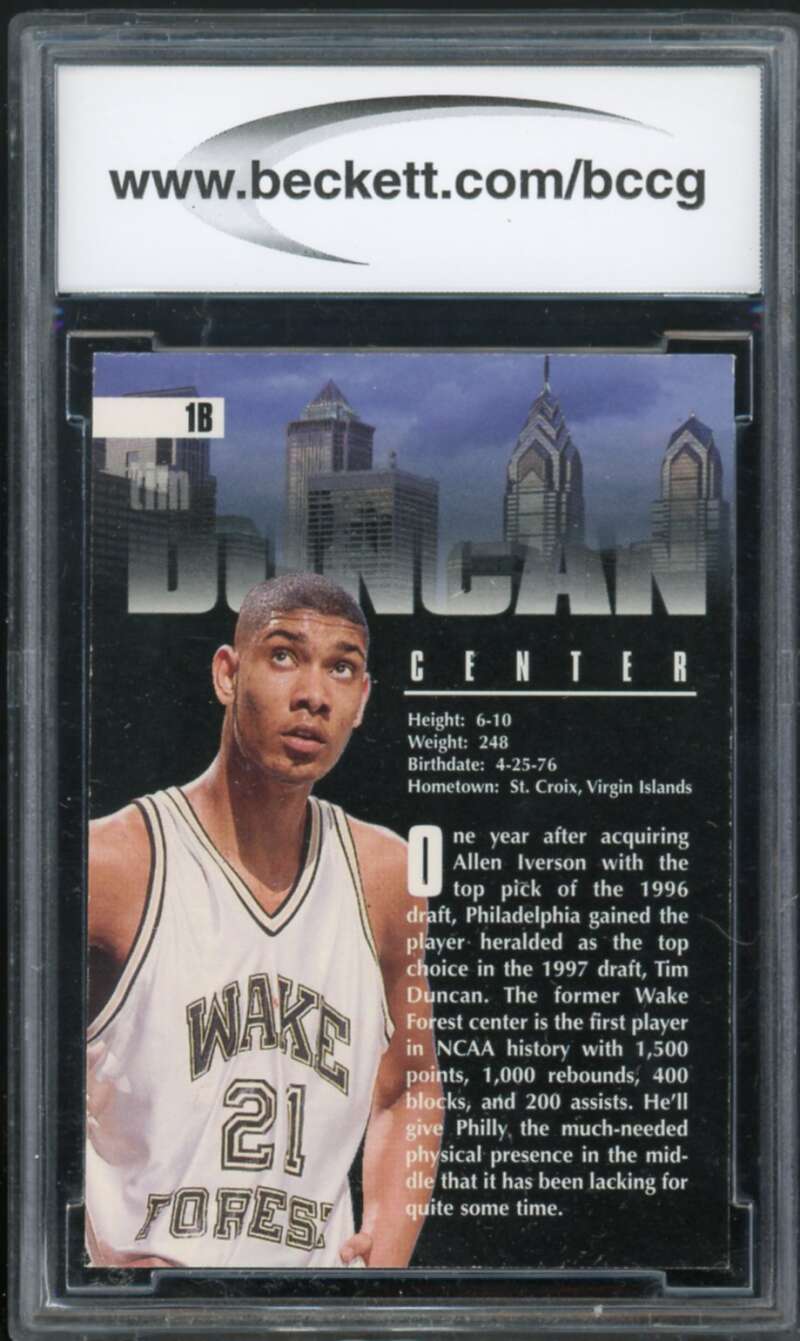 1997 Score Board Draft Day #1B Tim Duncan Rookie Card BGS BCCG 10 Mint+ Image 2