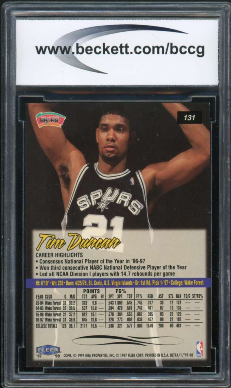 1997-98 Ultra #131 Tim Duncan Rookie Card BGS BCCG 10 Mint+ Image 2