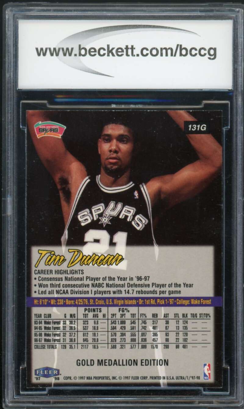 1997-98 Ultra Gold Medallion #131 Tim Duncan Rookie Card BGS BCCG 10 Mint+ Image 2