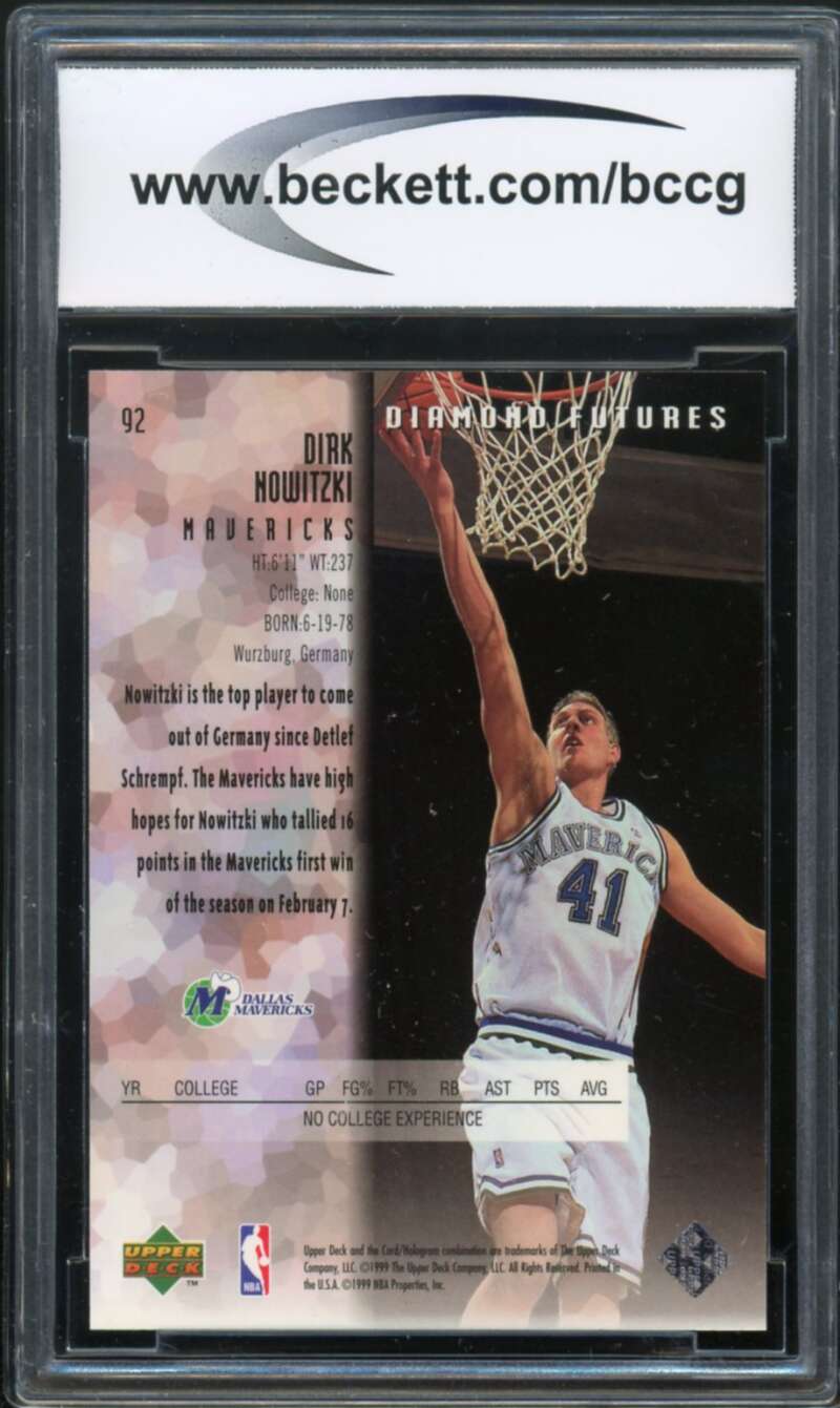 1998-99 Black Diamond #92 Dirk Nowitzki Rookie Card BGS BCCG 10 Mint+ Image 2