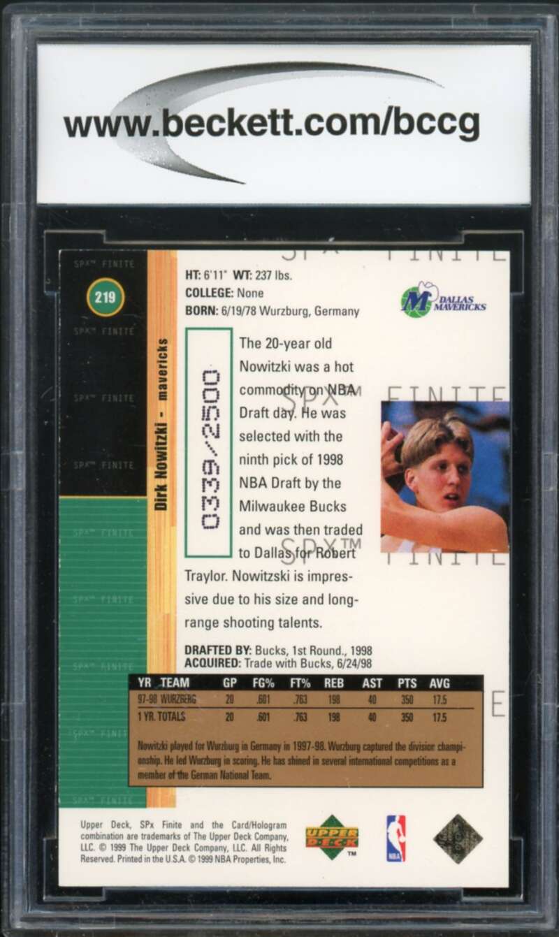 1998-99 SPX Finite #219 Dirk Nowitzki Rookie Card BGS BCCG 10 Mint+ Image 2