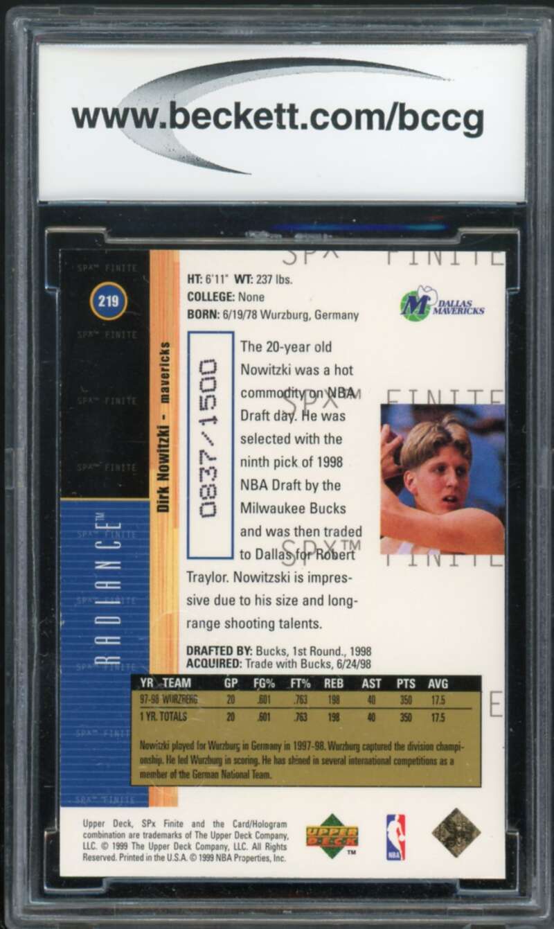 1998-99 SPX Finite Radiance #219 Dirk Nowitzki Rookie Card BGS BCCG 10 Mint+ Image 2