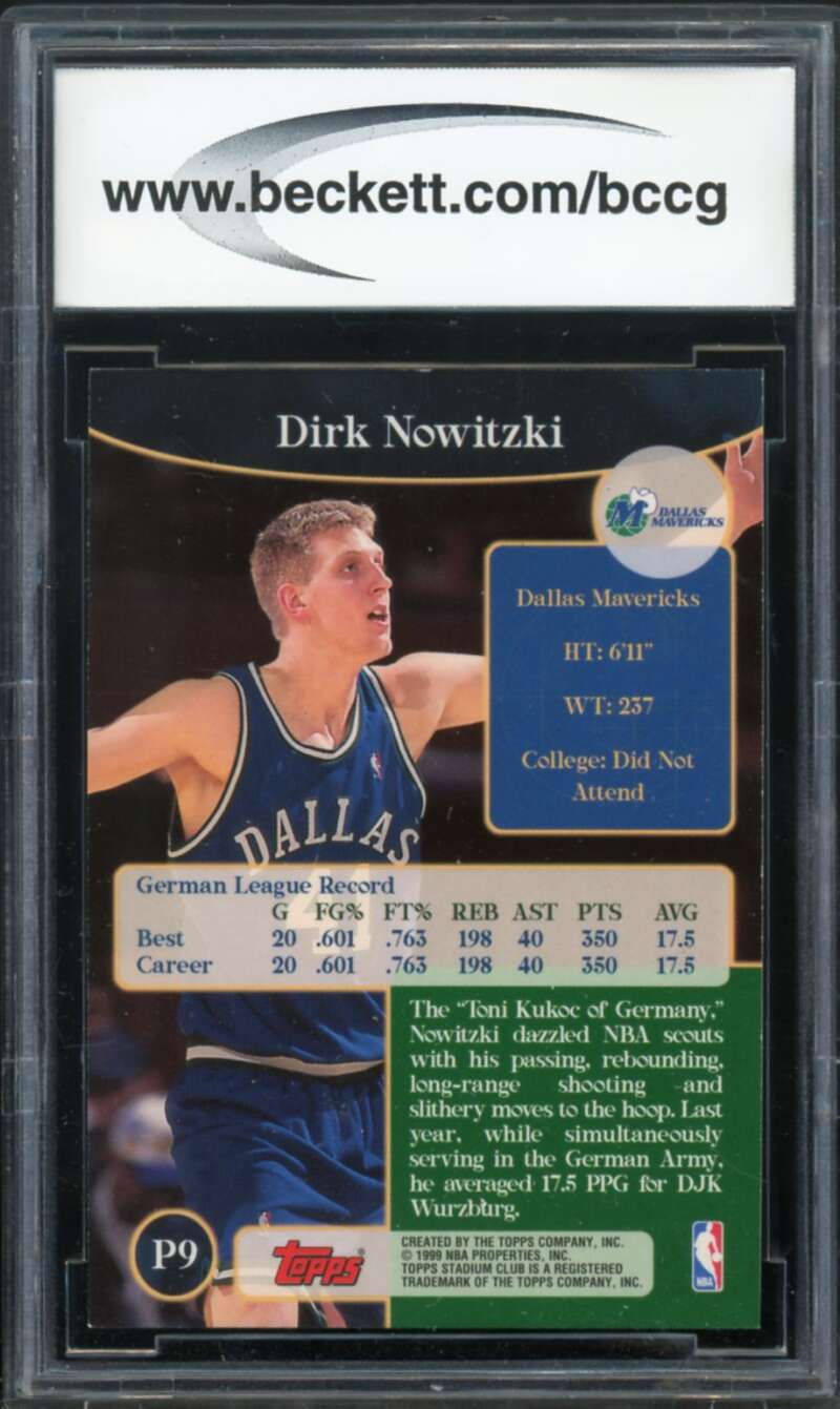 1998-99 Stadium Club Prime Rookies #P9 Dirk Nowitzki Rookie BGS BCCG 10 Mint+ Image 2