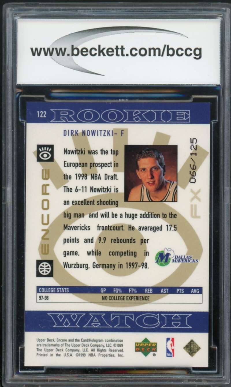 1998-99 UD Encore F/X #122 Dirk Nowitzki Rookie Card BGS BCCG 9 Near Mint+ Image 2