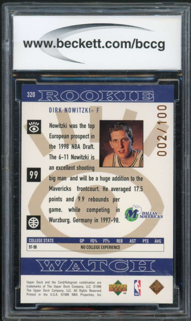 1998-99 Upper Deck Bronze #320 Dirk Nowitzki Rookie Card BGS BCCG 9 Near Mint+ Image 2