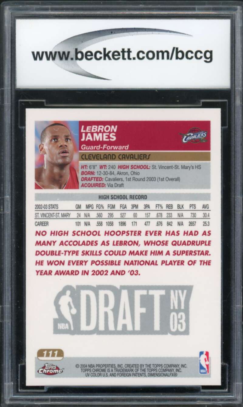 2003-04 Topps Chrome #111 LeBron James Rookie Card BGS BCCG 10 Mint+ Image 2