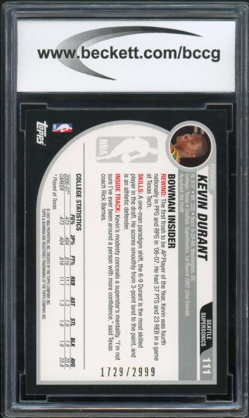 2007-08 Bowman #111 Kevin Durant Rookie Card BGS BCCG 10 Mint+ Image 2