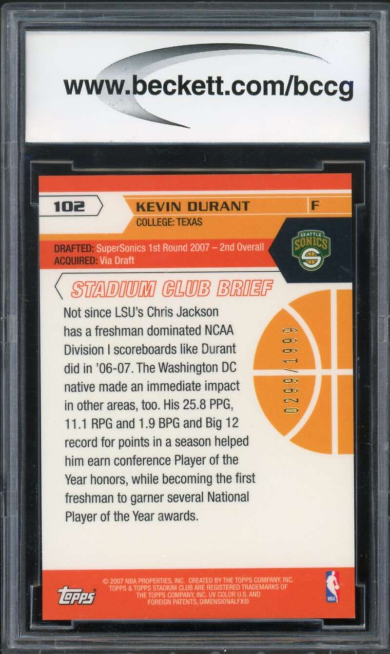 2007-08 Stadium Club #102 Kevin Durant Rookie Card BGS BCCG 10 Mint+ Image 2