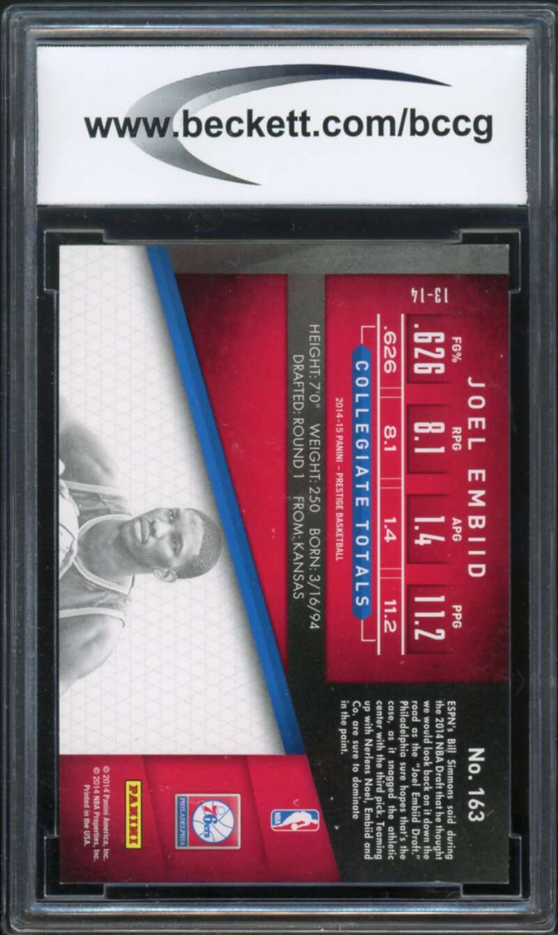 2014-15 Prestige Premium #163 Joel Embiid Rookie Card BGS BCCG 10 Mint+ Image 2