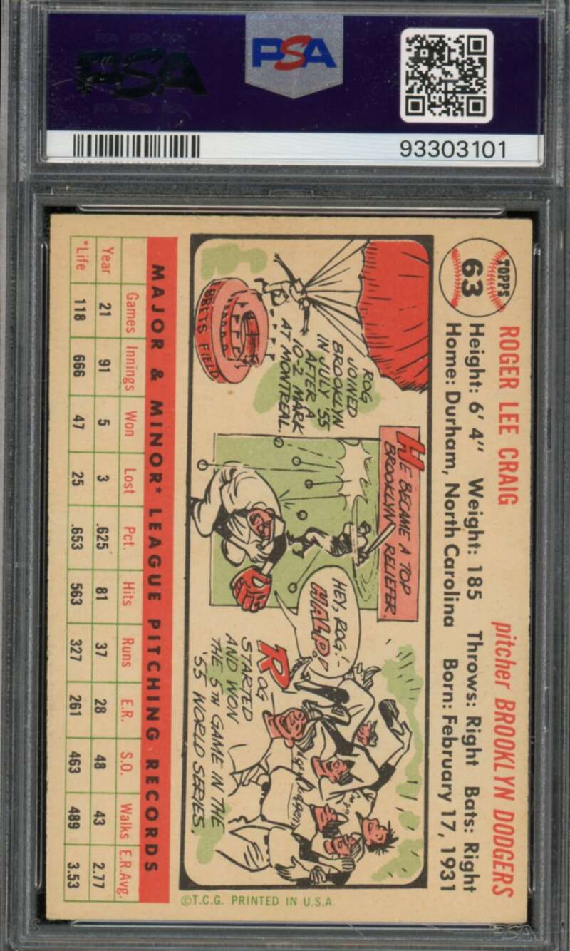 Roger Craig Card 1956 Topps #63 PSA 4 Image 2