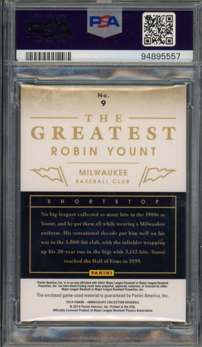 Robin Yount Card 2014 Panini Immaculate The Greatest Materials (20/49) #9 PSA 9 Image 2