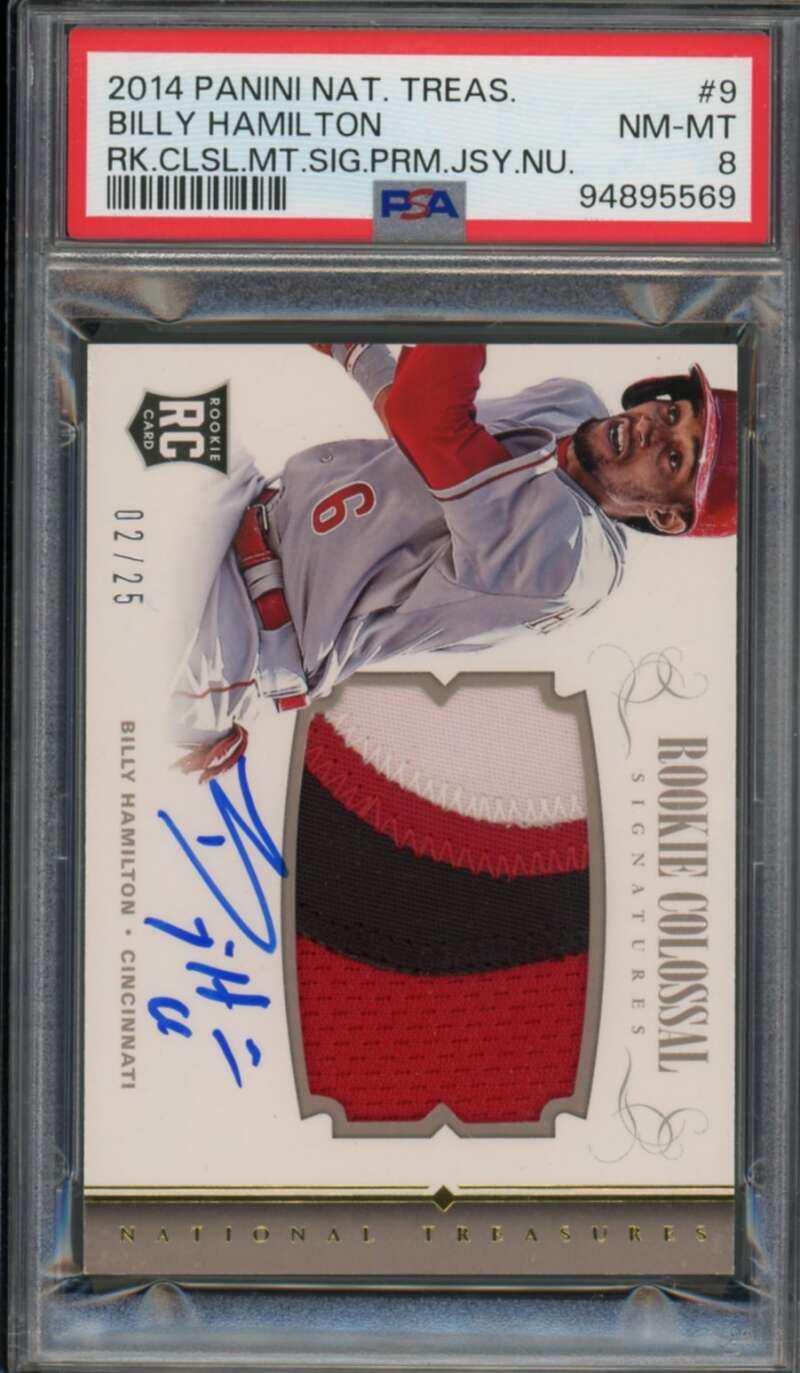 Billy Hamilton Rookie 2014 National Treasures Auto Jersey (#d 2/25) #9 PSA 8 Image 1