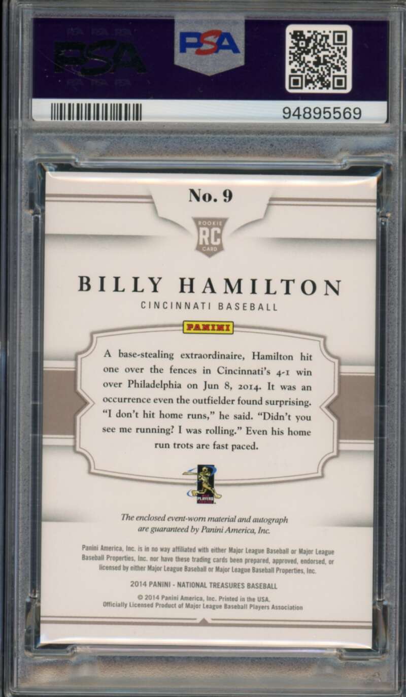 Billy Hamilton Rookie 2014 National Treasures Auto Jersey (#d 2/25) #9 PSA 8 Image 2