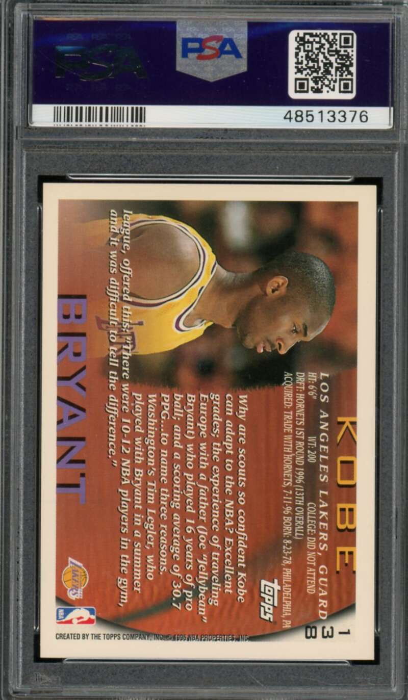 Kobe Bryant Rookie Card 1996-97 Topps #138 PSA 9 Image 2