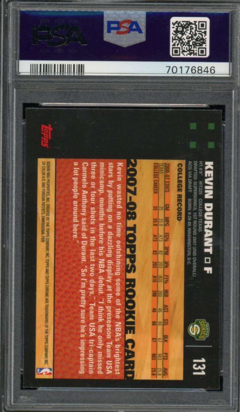 Kevin Durant Rookie Card 2007-08 Topps Chrome #131 PSA 9 Image 2