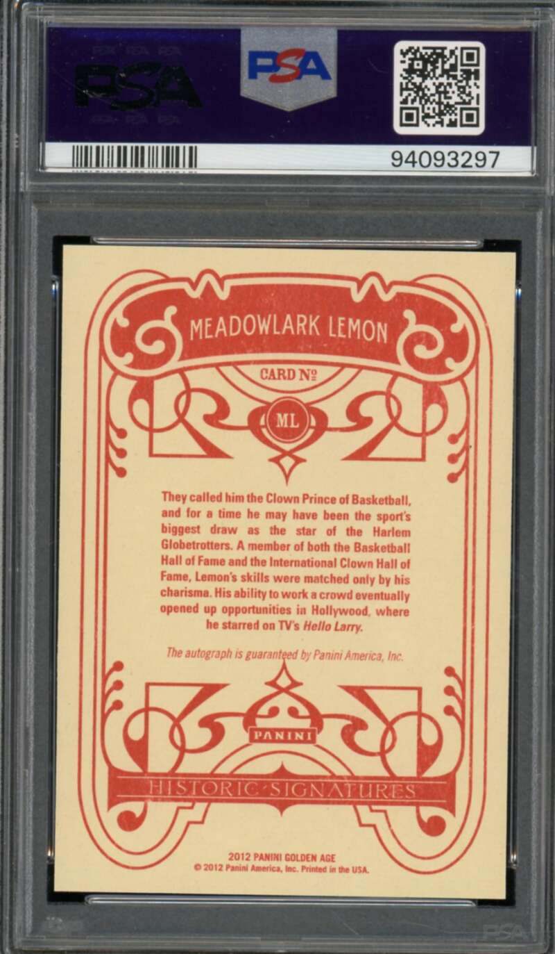 Meadowlark Lemon 2012 Panini Golden Age Historic Signatures (pop 2) #ML PSA 9 Image 2